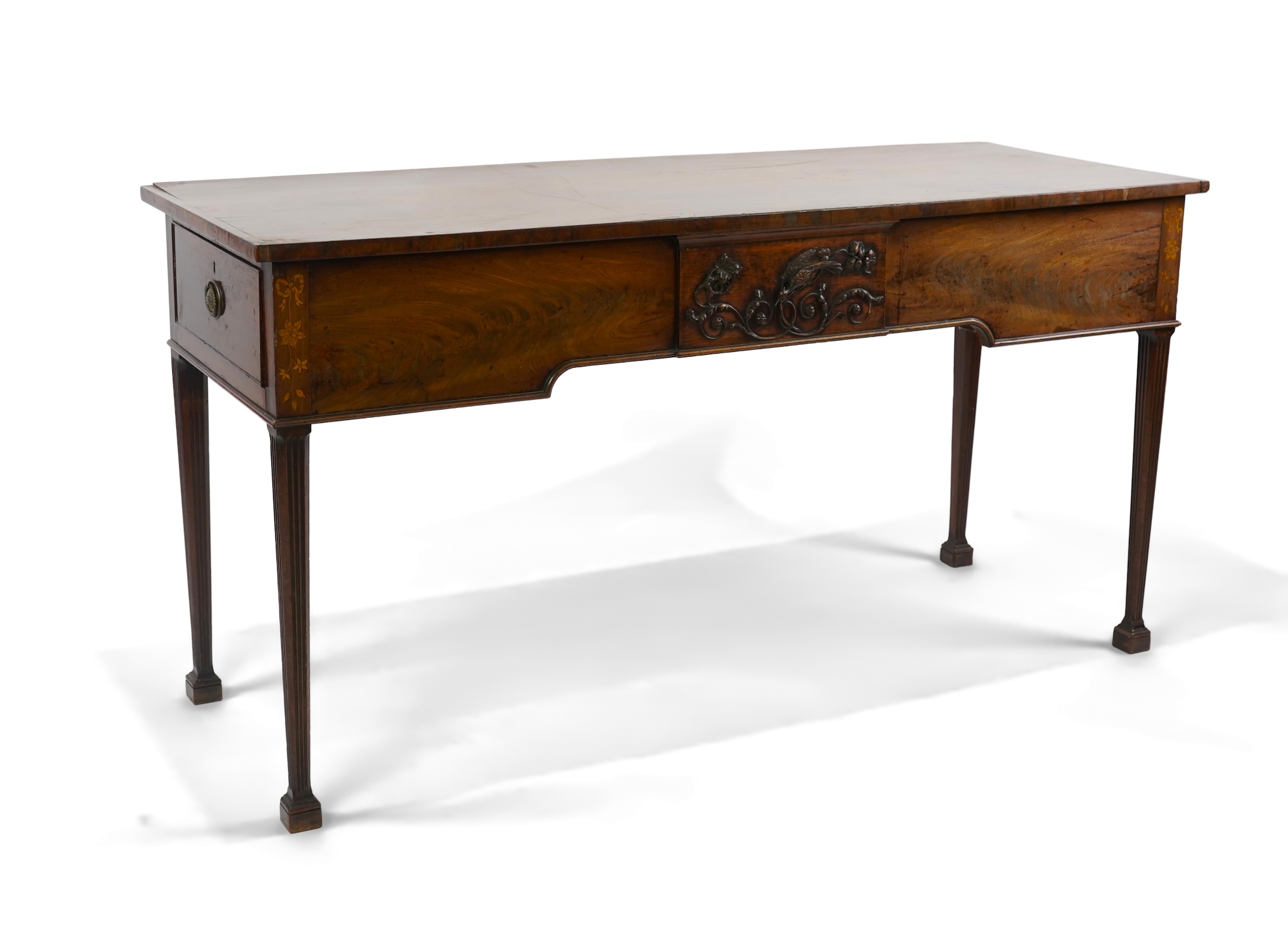 A George III marquetry inlaid, banded mahogany serving table